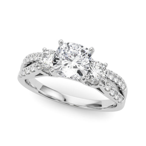 Silver Cushion Three-Stone Diamond Ring with Pavé Split Shank and Four-Prong Setting 2