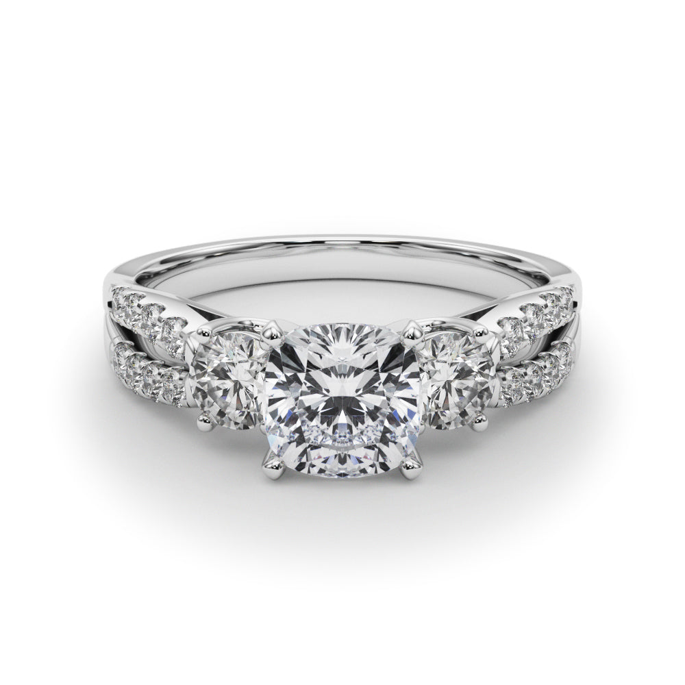Silver Cushion Three-Stone Diamond Ring with Pavé Split Shank and Four-Prong Setting