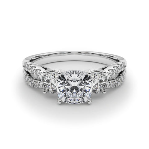 Silver Cushion Three-Stone Diamond Ring with Pavé Split Shank and Four-Prong Setting