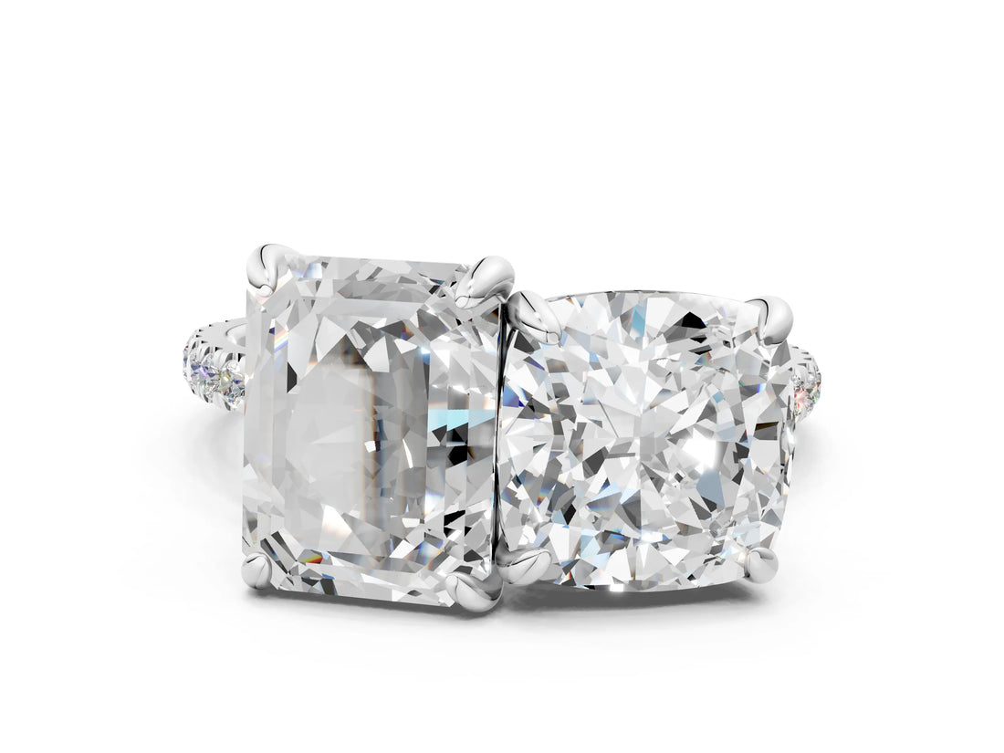 Silver Cushion and Emerald Toi Moi Ring with Prong Setting and Micro Pave Band
