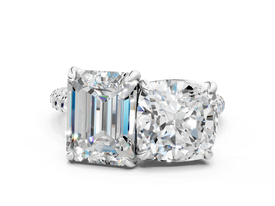 Silver Cushion and Emerald Toi Moi Ring with Prong Setting and Pave Band