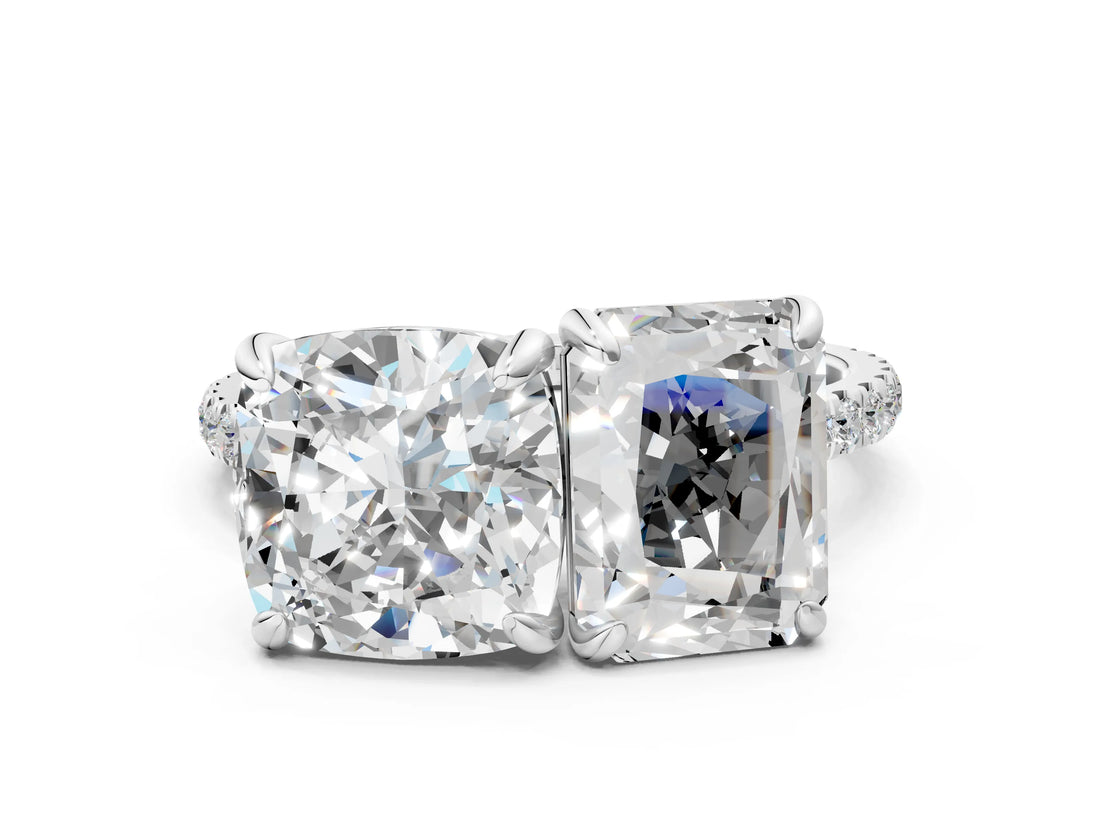 Silver Cushion and Radiant Toi Moi Ring with Prong Setting and Micro Pave Band