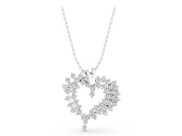 Silver Diamond Cluster Heart Pendant with Round Brilliant Cut Stones and Prong Setting
