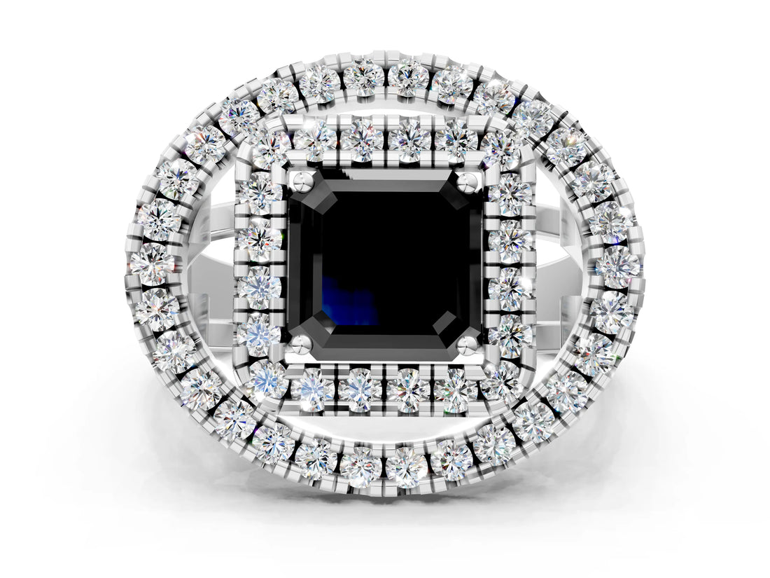 Silver Double Halo Fancy Black Asscher Cut Diamond Split Shank Prong Setting Ring_6