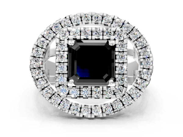 Sterling Silver Asscher Cut Double Halo Split Shank Engagement Ring Setting for Black Center
