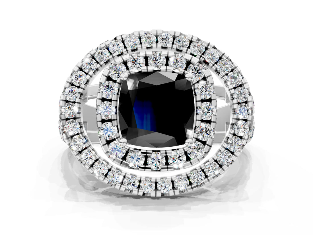 Silver Double Halo Fancy Black Cushion Cut Diamond Split Shank Prong Setting Ring_6