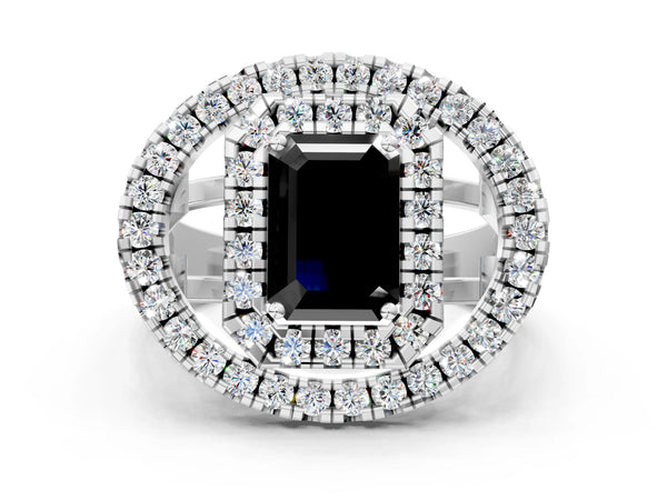 Sterling Silver Emerald Cut Double Halo Split Shank Engagement Ring Setting for Black Center