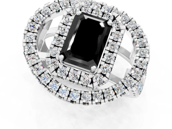 Sterling Silver Emerald Cut Double Halo Split Shank Engagement Ring Setting for Black Center