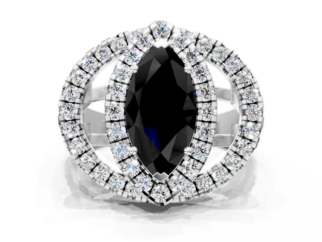 Silver Double Halo Fancy Black Marquise Cut Diamond Split Shank Prong Setting Ring_6