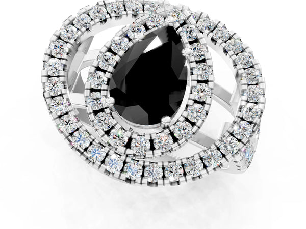 Sterling Silver Pear-Shaped Double Halo Split Shank Engagement Ring Setting for Black Center
