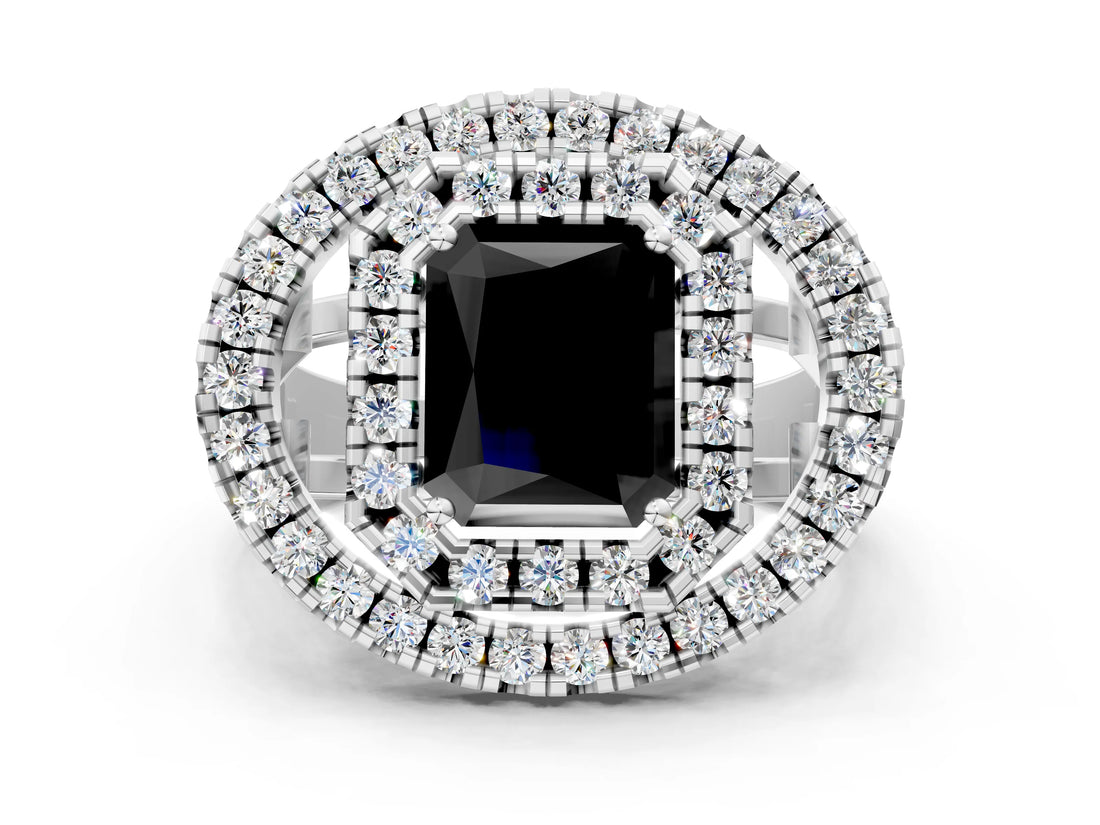 Silver Double Halo Fancy Black Radiant Cut Diamond Split Shank Prong Setting Ring_6