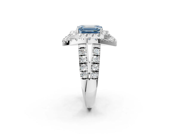 Sterling Silver Emerald Cut Halo Engagement Ring Setting for Fancy Blue Center - Design RJ-762