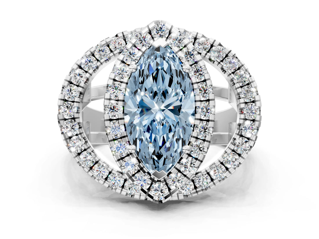 Silver Double Halo Fancy Blue Marquise Cut Diamond Split Shank Prong Setting Ring_6