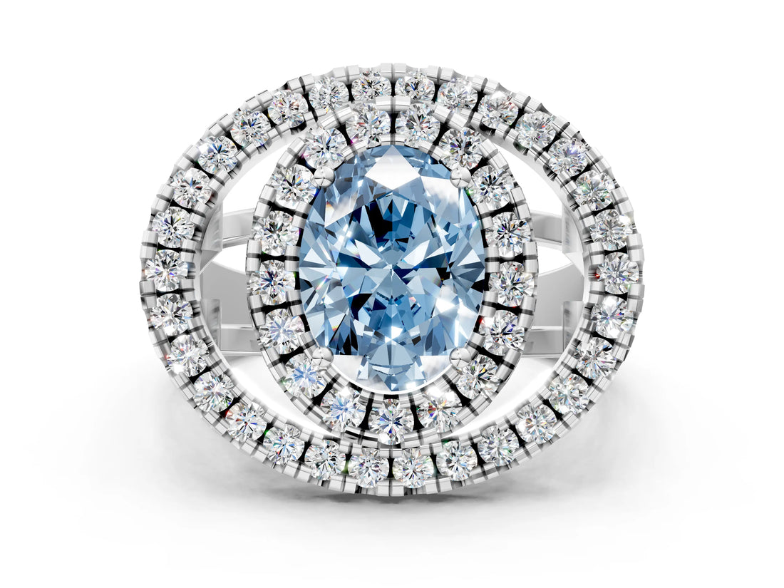 Silver Double Halo Fancy Blue Oval Cut Diamond Split Shank Prong Setting Ring_6