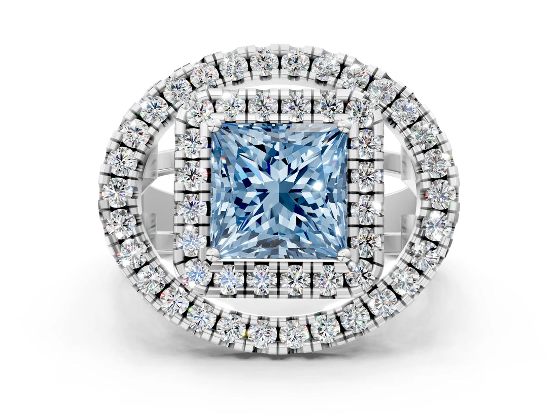 Silver Double Halo Fancy Blue Princess Cut Diamond Split Shank Prong Setting Ring_6