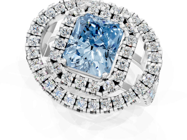 Sterling Silver Radiant Cut Halo Engagement Ring Setting for Fancy Blue Center - Design RJ-762