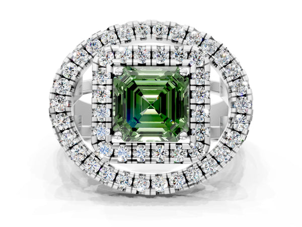 Sterling Silver Asscher Cut Halo Engagement Ring Setting for Fancy Green Center - Design RJ-762
