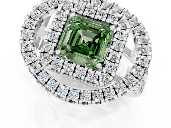 Sterling Silver Asscher Cut Halo Engagement Ring Setting for Fancy Green Center - Design RJ-762