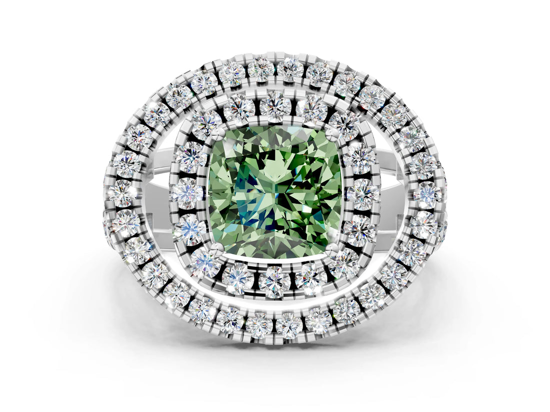 Silver Double Halo Fancy Green Cushion Cut Diamond Split Shank Prong Setting Ring_6
