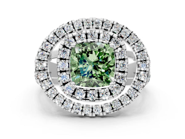 Sterling Silver Cushion Cut Halo Engagement Ring Setting for Fancy Green Center - Design RJ-762