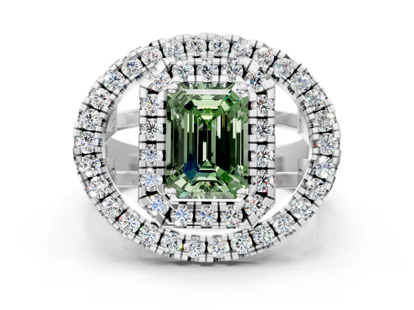 Sterling Silver Emerald Cut Halo Engagement Ring Setting for Fancy Green Center - Design RJ-762