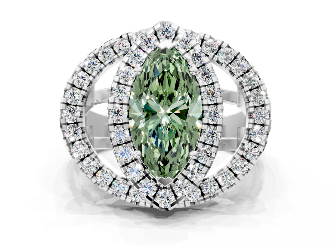 Silver Double Halo Fancy Green Marquise Cut Diamond Split Shank Prong Setting Ring_6