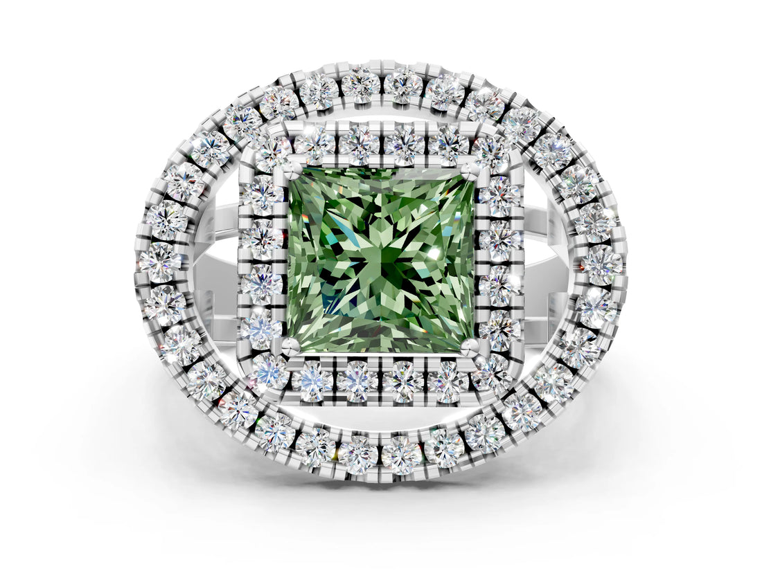 Silver Double Halo Fancy Green Princess Cut Diamond Split Shank Prong Setting Ring_6