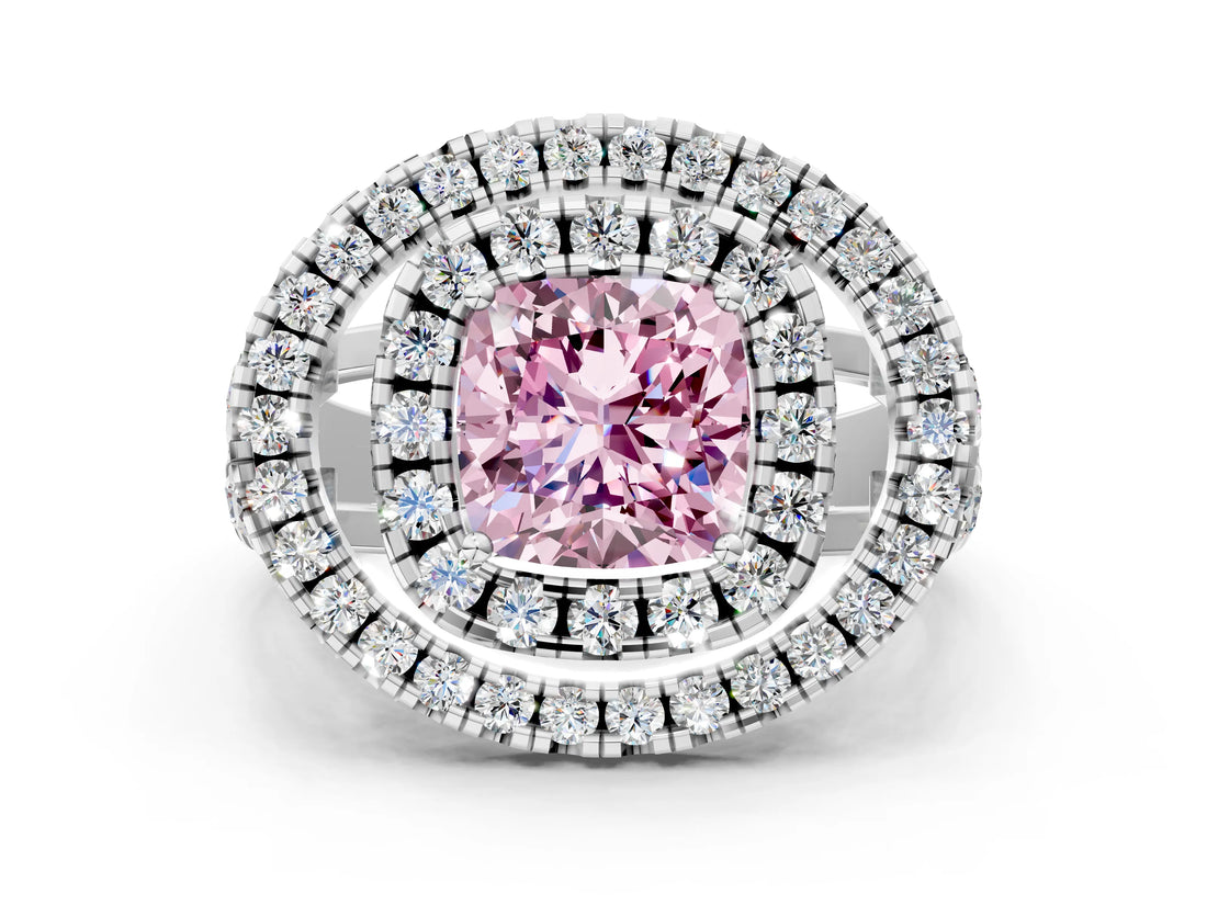 Silver Double Halo Fancy Pink Cushion Cut Diamond Split Shank Prong Setting Ring_6