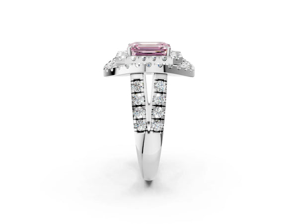 Sterling Silver Emerald Cut Halo Engagement Ring Setting for Fancy Pink Center - Design RJ-762