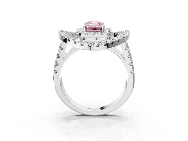Sterling Silver Emerald Cut Halo Engagement Ring Setting for Fancy Pink Center - Design RJ-762