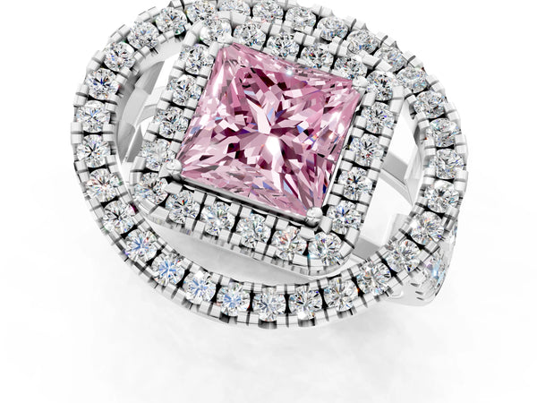 Sterling Silver Princess Cut Halo Engagement Ring Setting for Fancy Pink Center - Design RJ-762