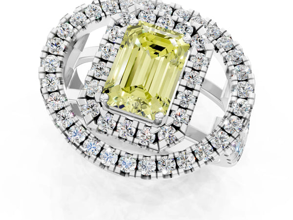 Sterling Silver Emerald Cut Halo Engagement Ring Setting for Fancy Yellow Center - Design RJ-762