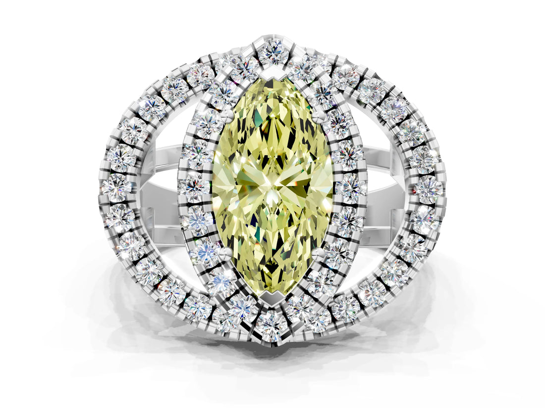 Silver Double Halo Fancy Yellow Marquise Cut Diamond Split Shank Prong Setting Ring_6
