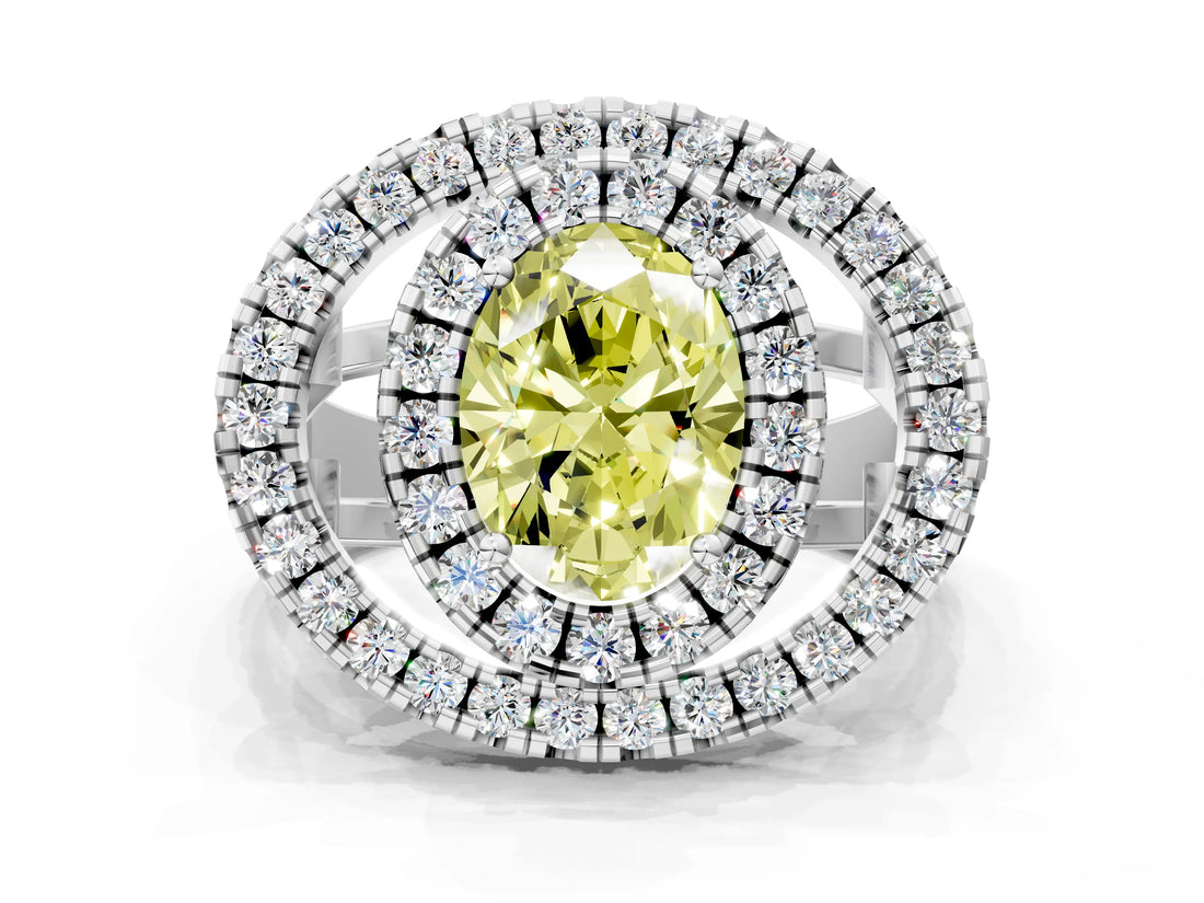 Silver Double Halo Fancy Yellow Oval Cut Diamond Split Shank Prong Setting Ring_6