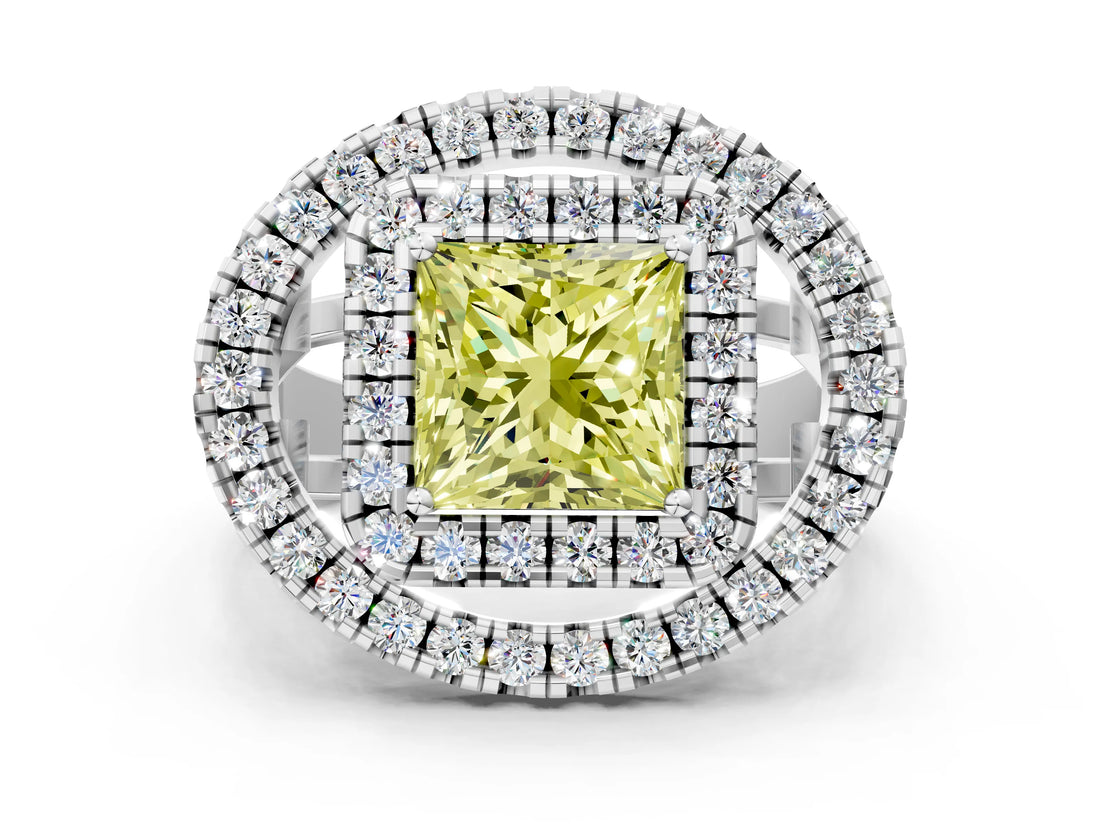Silver Double Halo Fancy Yellow Princess Cut Diamond Split Shank Prong Setting Ring_6
