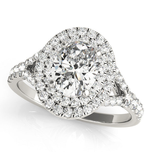 10K White Gold Double Halo 1.04 Carat E VS1 Oval Cut Split Shank Diamond Ring with Four-Prong Setting