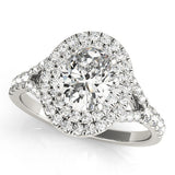 10K White Gold Double Halo 1.04 Carat E VS1 Oval Cut Split Shank Diamond Ring with Four-Prong Setting