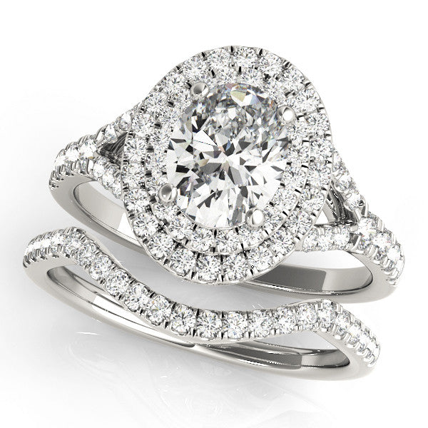 10K White Gold Double Halo 1.04 Carat E VS1 Oval Cut Split Shank Diamond Ring with Four-Prong Setting