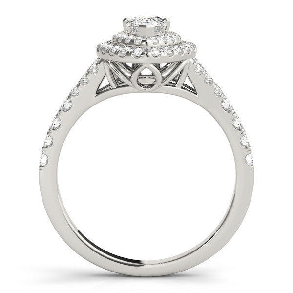 Silver Double Halo Pear-Shaped Split Shank Diamond Ring with Prong Setting