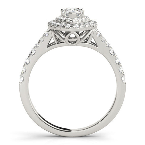 Silver Double Halo Pear-Shaped Split Shank Diamond Ring with Prong Setting