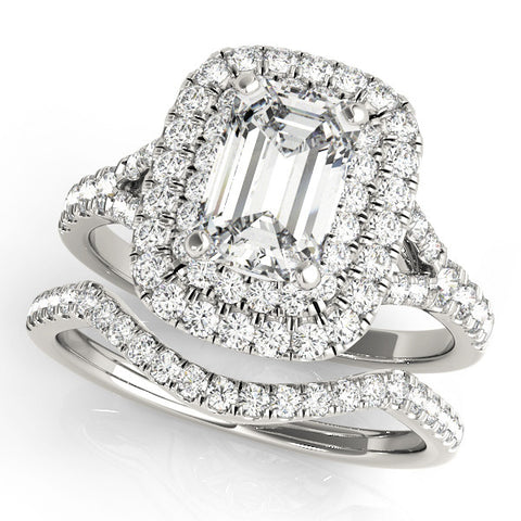 Silver Double Halo Radiant Cut Diamond Split Shank Ring with Four Prong Setting 2