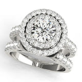Silver Double Halo Round Diamond Pave Band Four-Prong Ring 1