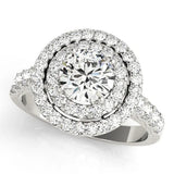 Silver Double Halo Round Diamond Pave Band Four-Prong Ring