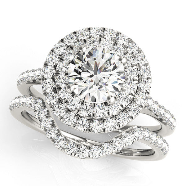 Silver Double Halo Round Diamond Pave Band with Four-Prong Setting