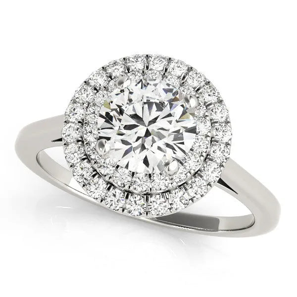 Silver Double Halo Round Diamond Solitaire with Pavé Band and Four-Prong Setting