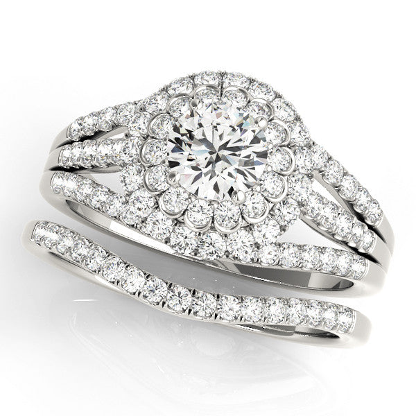 Silver Double Halo Round Diamond Split Shank Pave Set Ring 2