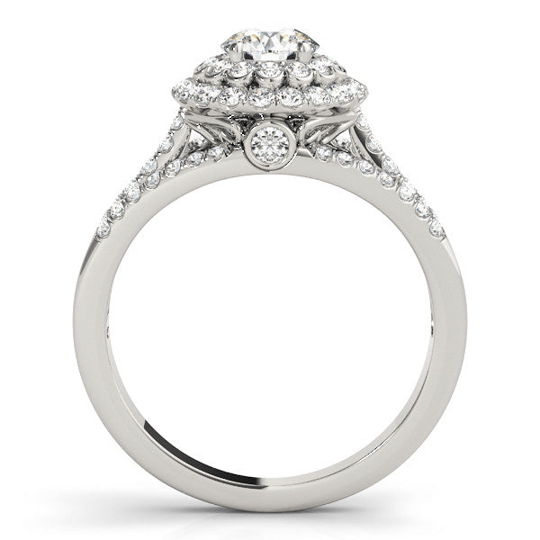 Silver Double Halo Round Diamond Split Shank Pave Set Ring