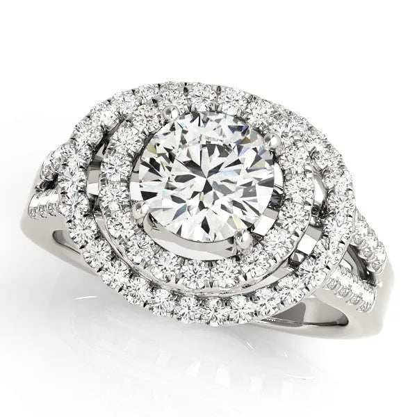 Silver Double Halo Round Diamond Split Shank Prong Setting Ring