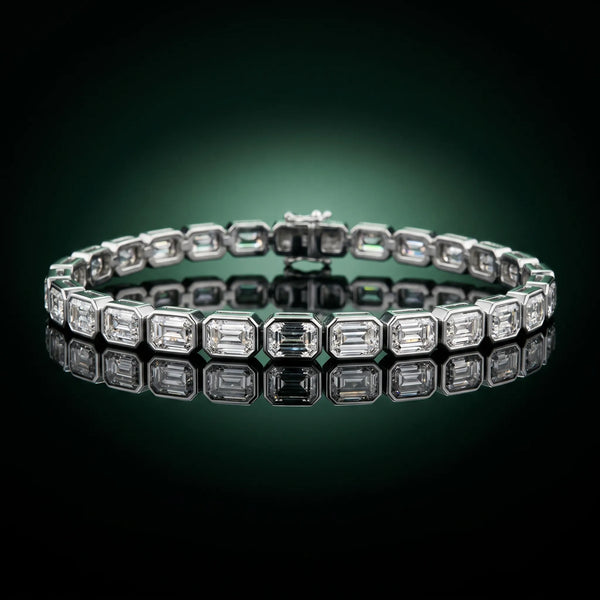 Silver East-West Emerald Cut Diamond Tennis Bracelet with Bezel Setting