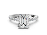 Silver Emerald Brilliant Diamond Solitaire with Pavé Band and Four-Prong Setting